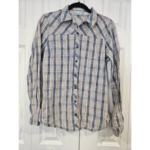 Maurices Womens Button Down Flannel M Blue Red Plaid Front Pocket Long Sleeve